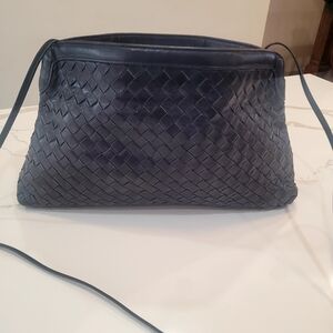 Woven Leather Shoulder Bag in Navy Blue